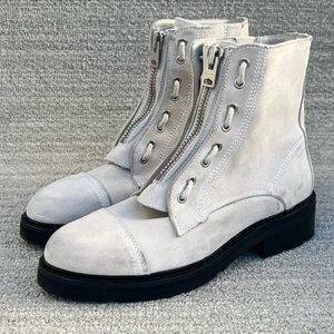 AllSaints Women's Ariel Front Zip Leather Suede Booties Ivory Women's Size 8 US